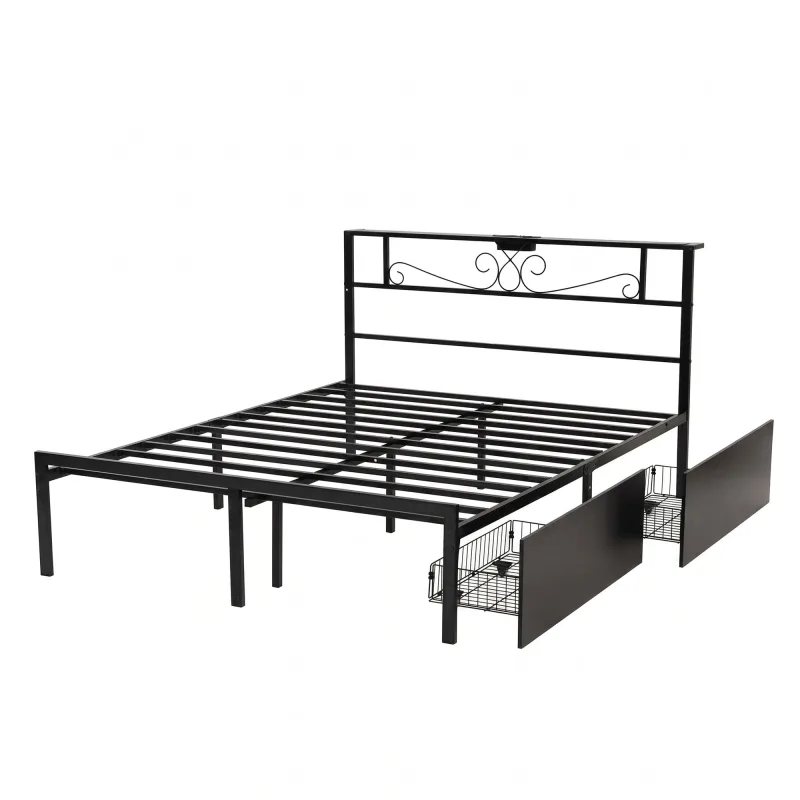 Artiss Queen Bed Frame with Charging Station & Storage Drawers Metal