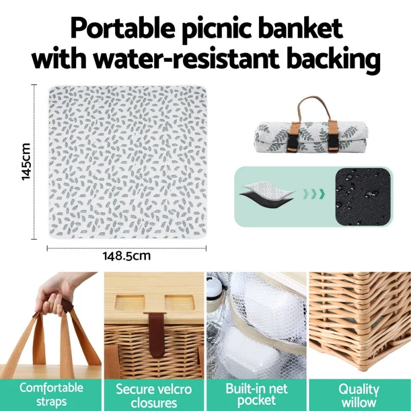 Alfresco 2 Person Picnic Basket Set with Table Blanket Cooler Wooden Insulated