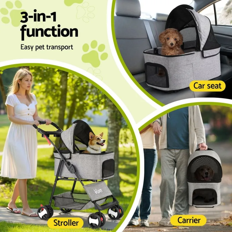i.Pet Pet Stroller Dog Pram Cat Carrier Travel Large Pushchair Foldable 4 Wheels – Grey