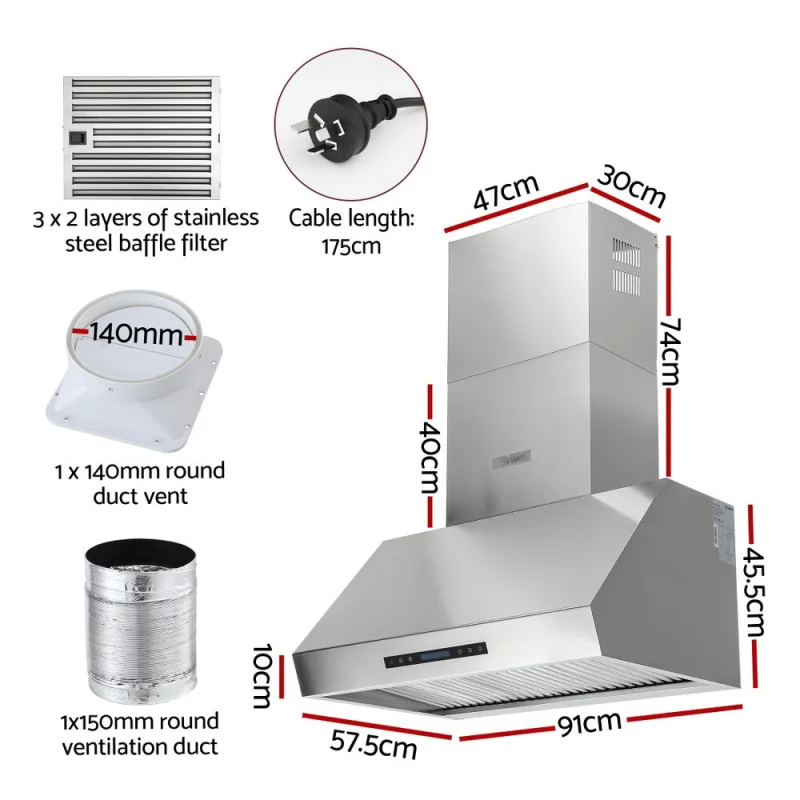 Devanti 900mm Range Hood 3-Speed Fan LED Display Remote Control