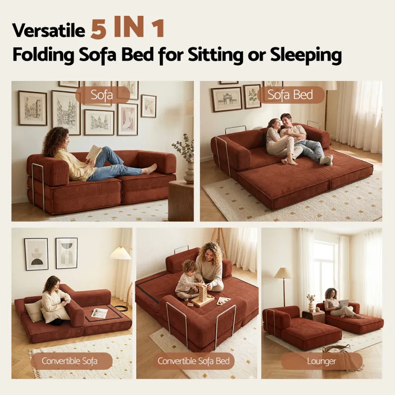 Artiss Convertible Folding Sofa Bed Pull Out Mattress Sleeper Couch Corduroy – Orange