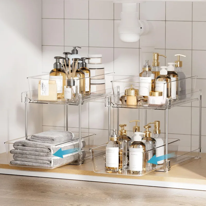 1 Pack Bathroom Organizer, 2 Tier Clear Under Sink Organizers Vanity Countertop Storage Container,Cabinet Drawers Bins, Pull-Out Organization with Track for Pantry, Kitchen
