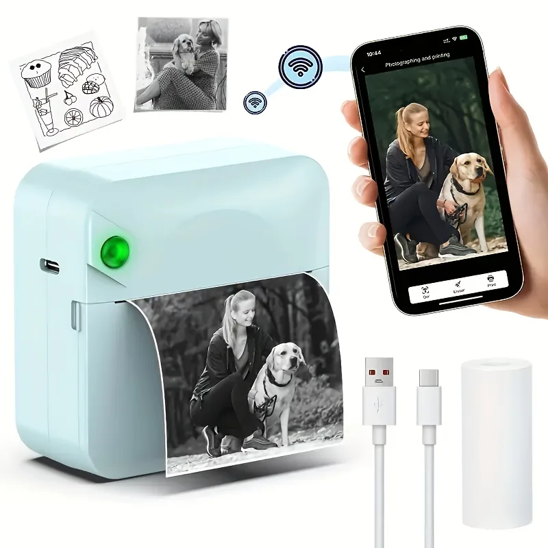 (Pink) Inkless Sticker Printer Mini Thermal Printer with Roll Thermal Paper, Wireless Pocket Printer, Smart Portable Receipt Printer for Photos, Diaries, Notes, and Preparation Work.