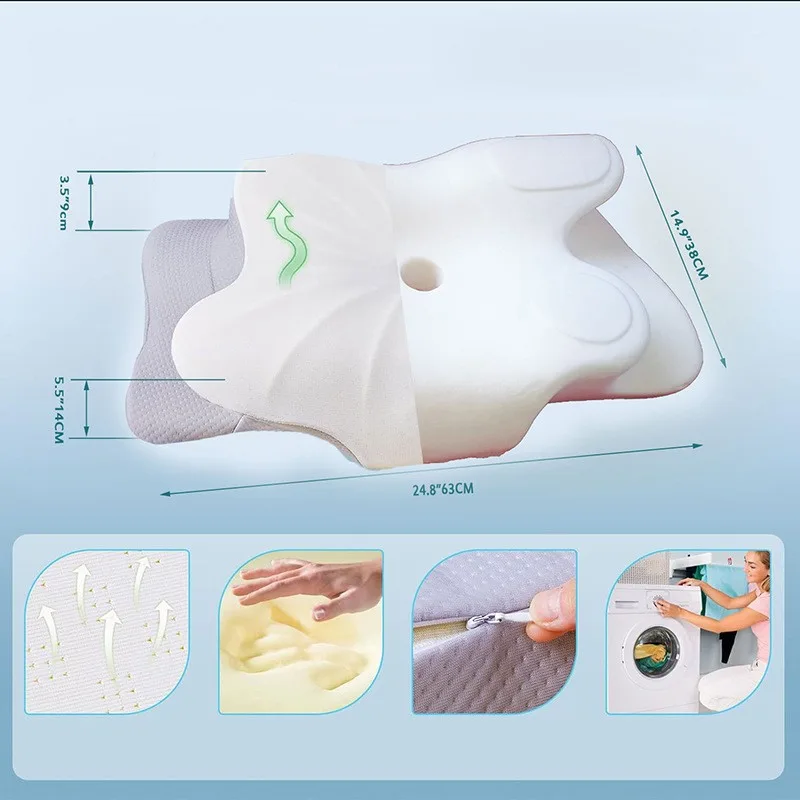 High-Performance Butterfly Memory Foam Pillow – 15° Cervical Support, Cooling Gel Cover, Ergonomic Contour Design for Neck Pain Relief & Deep Sleep – Ideal for Side & Back Sleepers (White & Gray)