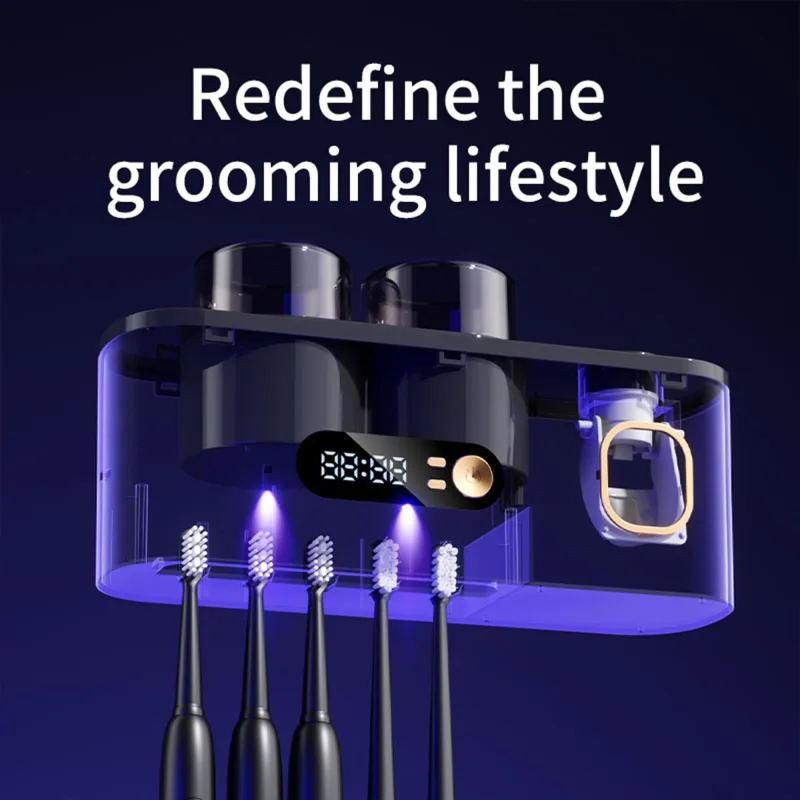 UV Toothbrush Holder with Disinfection & Toothpaste Dispenser – Wall-Mounted Bathroom Organizer with LED Display and 2 Cups