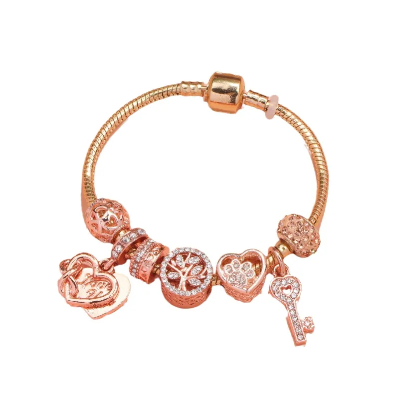 Crystal-studded Hollow Heart Key Tree of Life – Rose Gold, 20