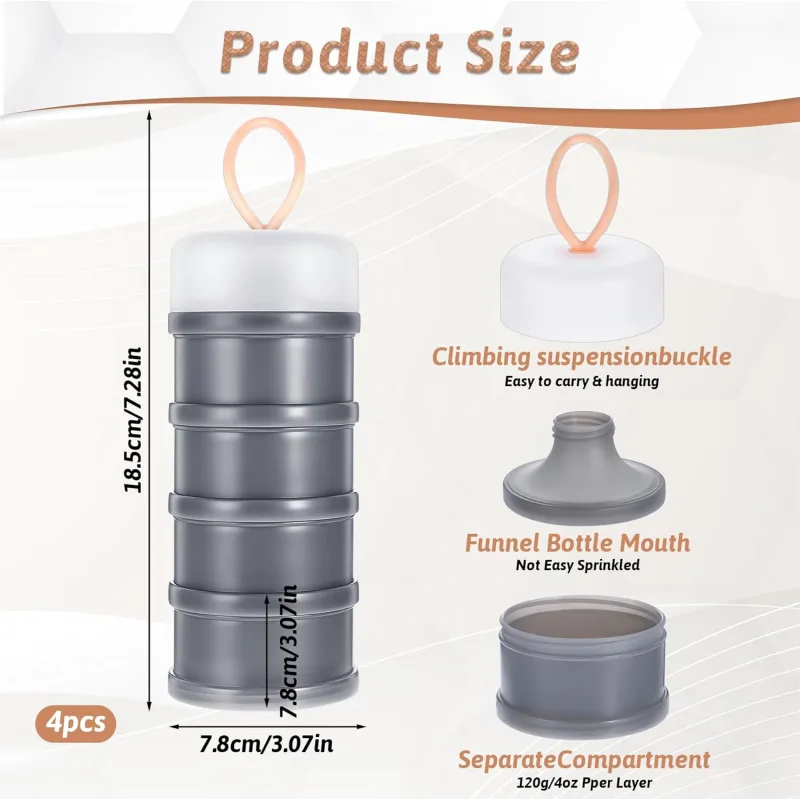 4PCS Protein Powder Container with Funnels Stand, 4 Stackable Non-Spill Protein Powder Dispenser On the Go Portable Leakproof Snack Storage Container for Travel Workout Fitness (Gray + White)