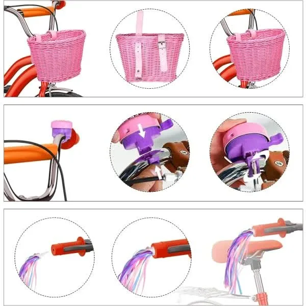 Pink Purple Children’s Bicycle Basket with Adjustable Front Straps