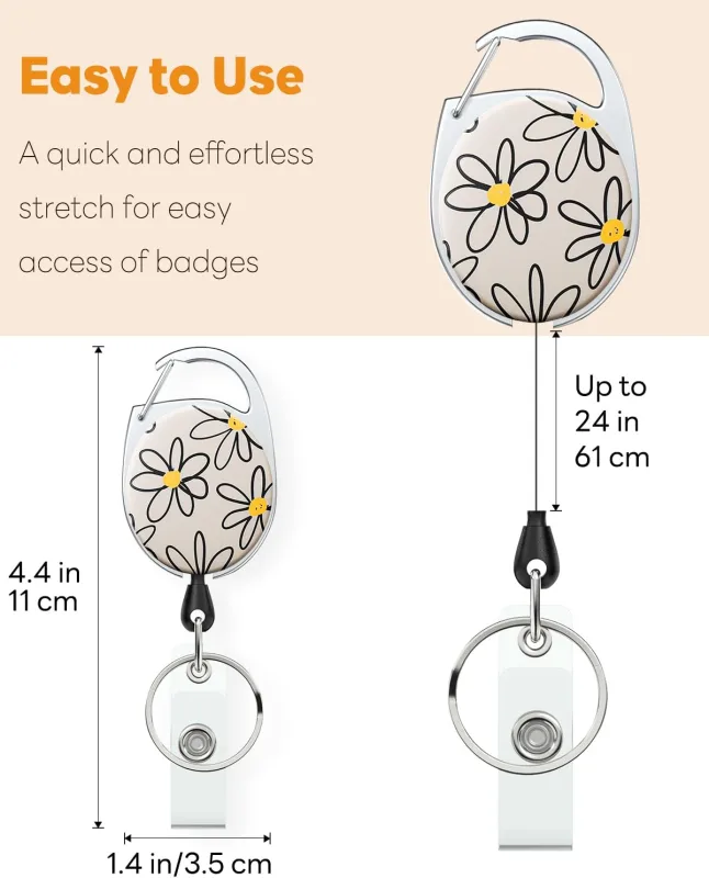 3 Pack Floral Retractable Badge Reel for Badge Holder Flower Heavy Duty Retractable Keychain Strong ABS Casing with Stainless Steel Spring Coil 24 Inch Nylon Rope Carabiner Clip and Key Ring