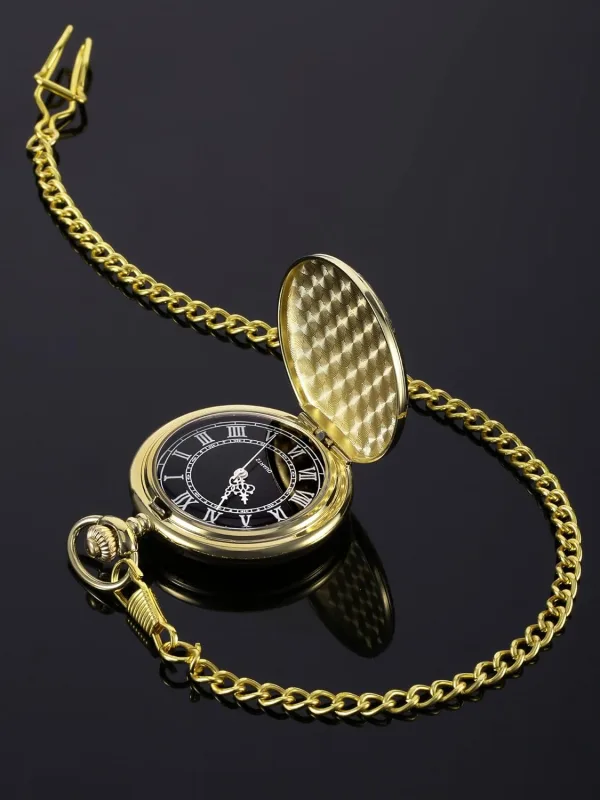 Men’s Quartz Pocket Watch with Black Dial and Chain