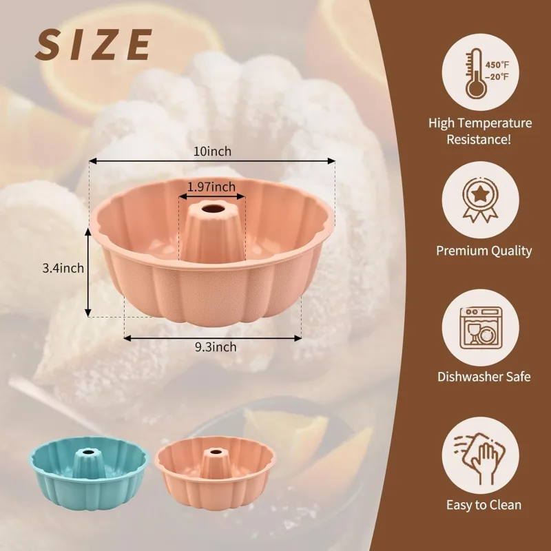 2 Pack Silicone Cake Pan Nonstick,10 Inch, Silicone Cake Molds,Pound Cake Pan, Baking Cake Pan for Jello,Gelatin,Cake,Brownie and Bread (Pink+Blue)