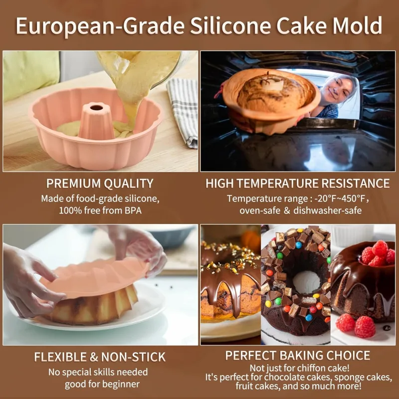 2 Pack Silicone Cake Pan Nonstick,10 Inch, Silicone Cake Molds,Pound Cake Pan, Baking Cake Pan for Jello,Gelatin,Cake,Brownie and Bread (Pink+Blue)