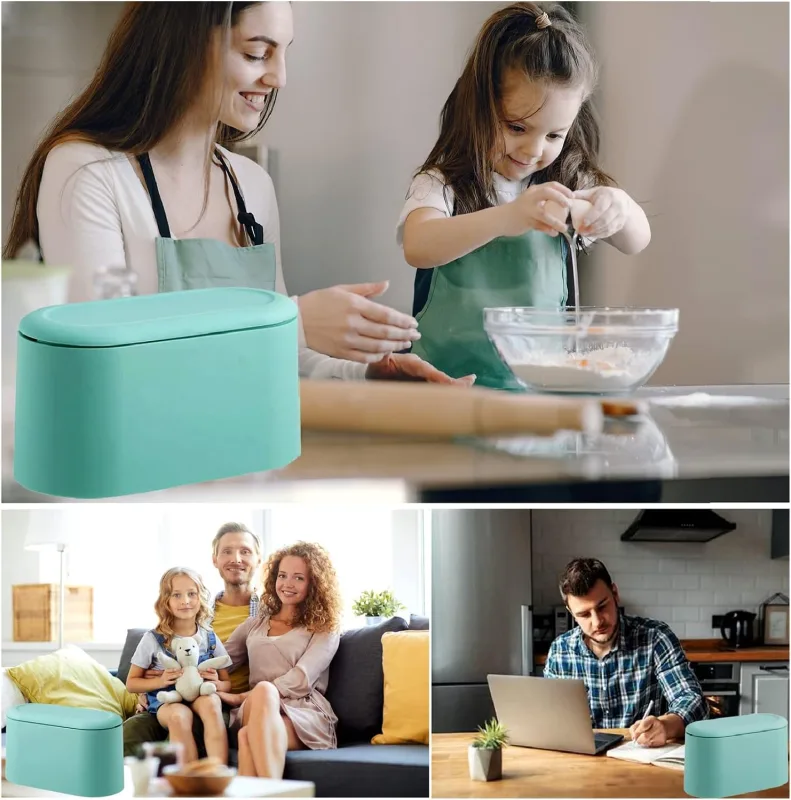 Mini Waste Bin with Lid – Blue – Small Plastic Trash Can for Bathroom Desk Kitchen Office – Removable Compact Rubbish Bin for Countertop Vanity Tabletop