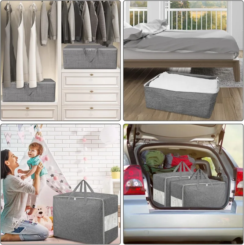 2Pack 105L Extra Large Storage Bags, Folding Moving Comforter Blanket Storage Bags Closet Organizers and Storage Containers for Clothes with Strong Handles&Zippers Clear Window for Bedding Pillow Grey