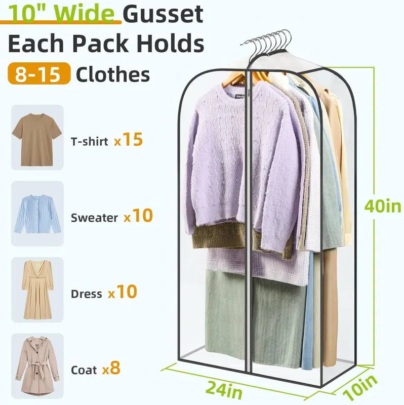 6 Pack Clear Garment Bags-40” Long, 3 Clothes Storage Bags-35L –