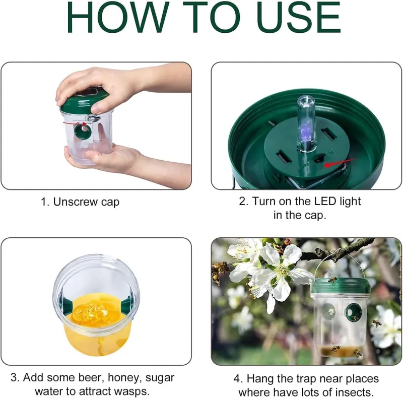 2-pack solar-powered wasp traps – Hanging wasp traps for outdoors – Suitable for wasps, hornets, bumblebees, etc. outdoors – With UV-LED light