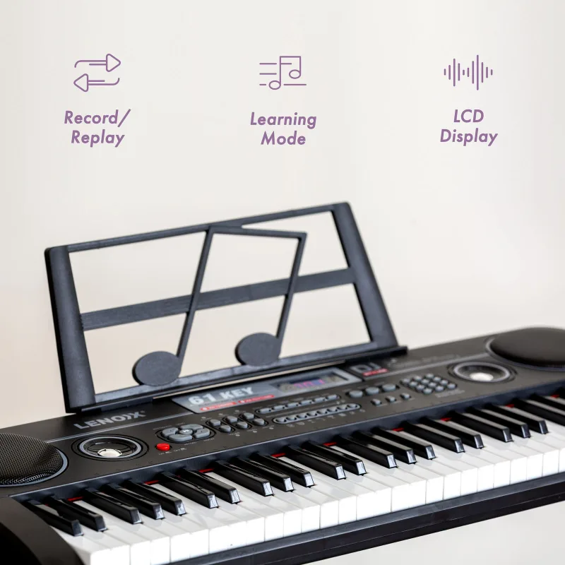 61-Key Electronic Learning Piano Keyboard, Light-Up Keys, LCD Display, with Music Stand Holder