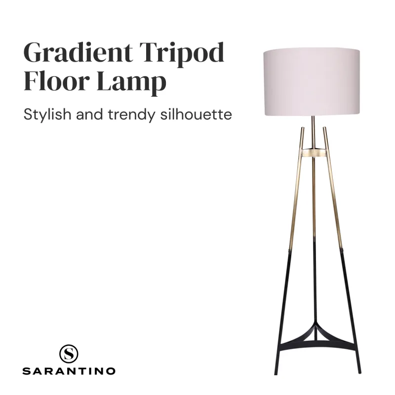 Sarantino Modern Tripod Floor Lamp Gold Black Gradient Standing Light with Linen Drum Shade for Living Room Office