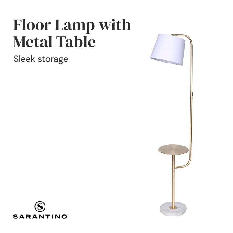 Sarantino Brushed Brass Floor Lamp with Built-in Metal End Table Marble Base Foot Switch Standing Light