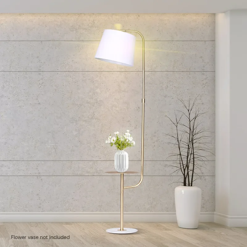 Sarantino Brushed Brass Floor Lamp with Built-in Metal End Table Marble Base Foot Switch Standing Light