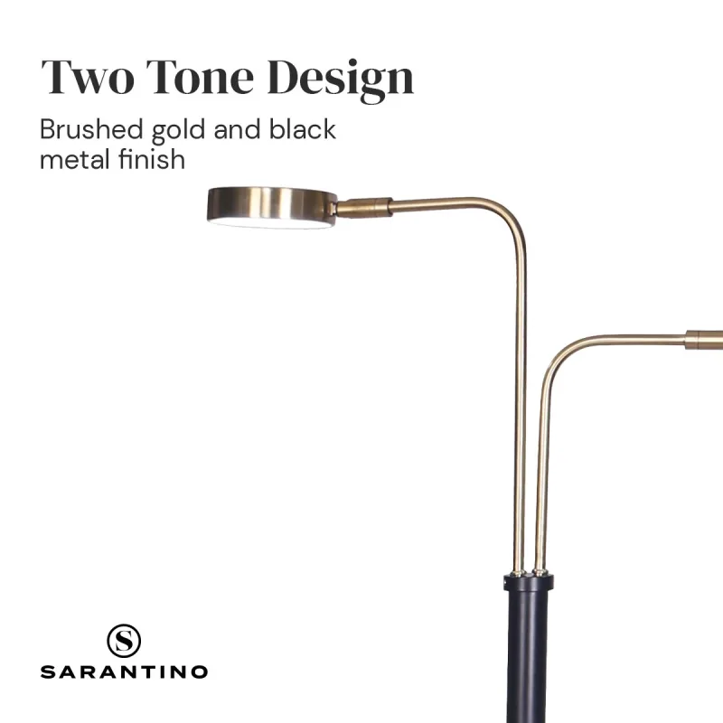 Sarantino Dual LED Floor Lamp Adjustable Black Metal & Brushed Gold Twin Reading Task Standing Light for Home Office