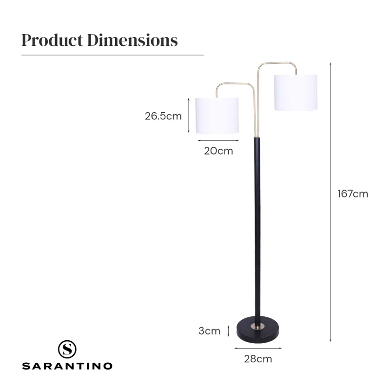 Sarantino Modern Black & Gold Task Floor Lamp with Adjustable White Linen Shade Standing Light for Living Room