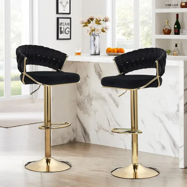 2x Height Velvet Padded Golden Round Base Barstools Chairs – Black