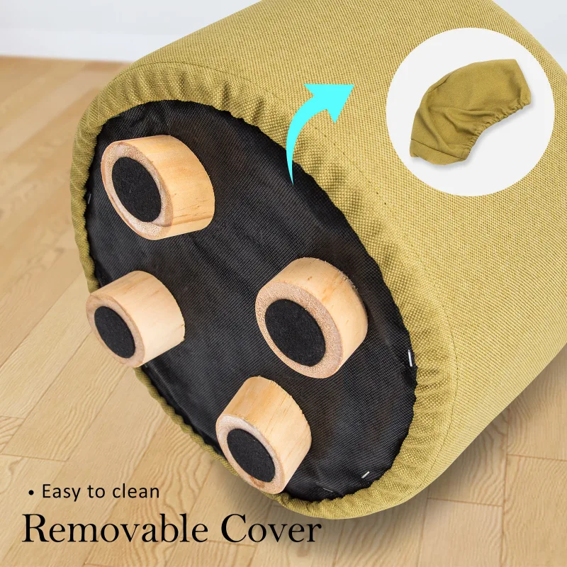 2X Fabric Ottoman Round Wooden Leg Foot Stool – Mustard Yellow