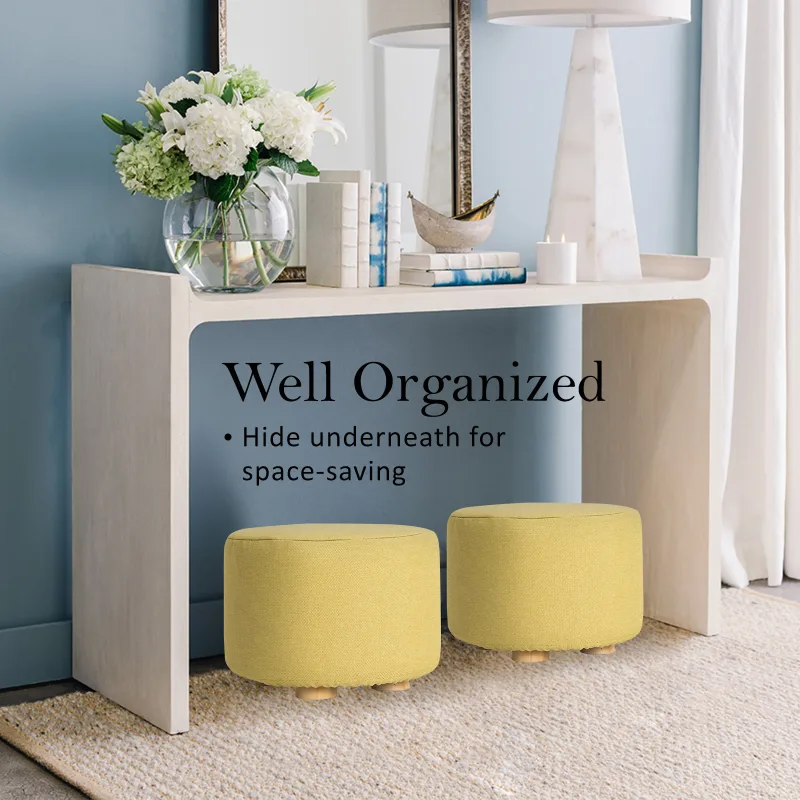 2X Fabric Ottoman Round Wooden Leg Foot Stool – Mustard Yellow