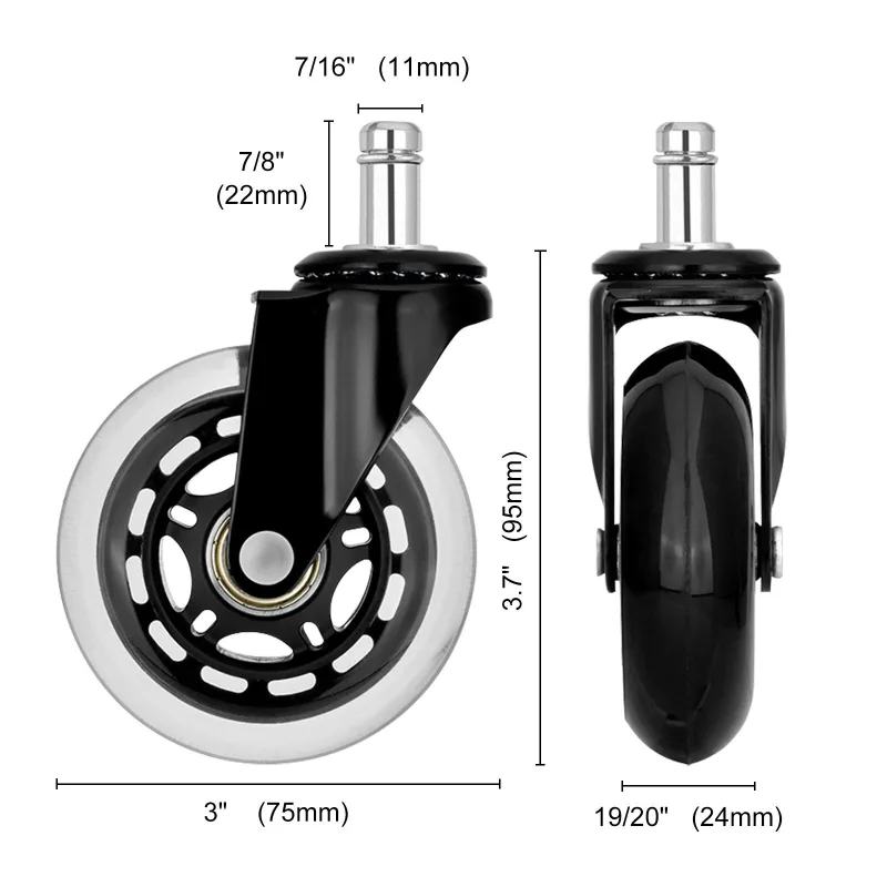 5X 3” Rollerblade Style Wheels Office Chair Casters – Slient Smooth, 11x22mm Stem