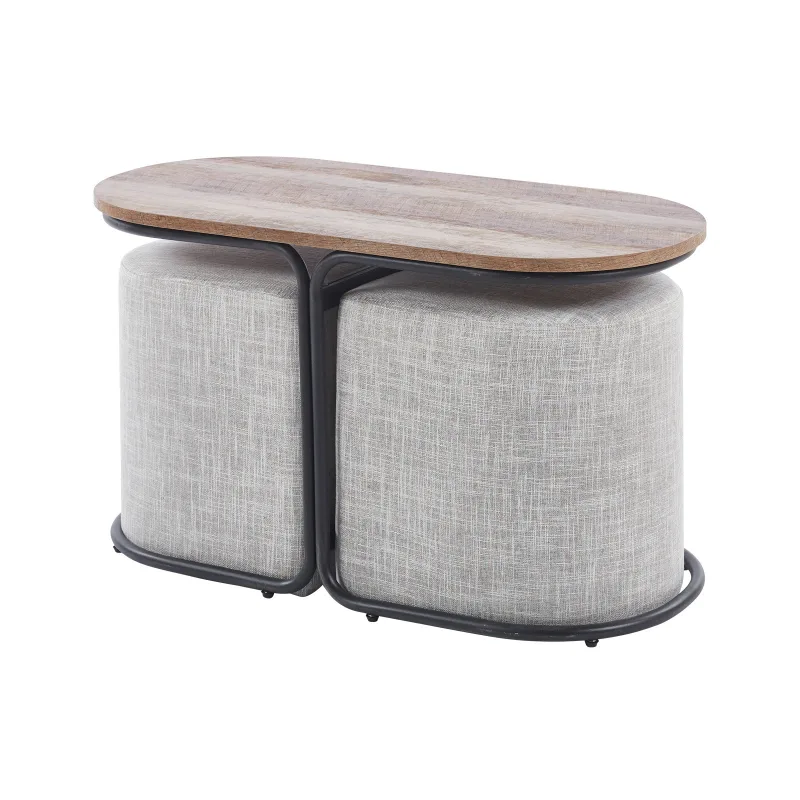3 Piece Set Coffee Table & Ottoman Wood Side End Table Industrial - CREAM GREY 3 Piece Set Coffee Table & Ottoman Wood Side End Table Industrial - CREAM GREY