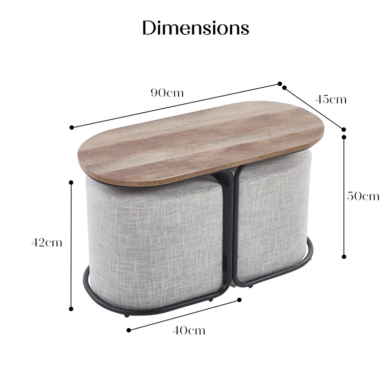 3 Piece Set Coffee Table & Ottoman Wood Side End Table Industrial – CREAM GREY