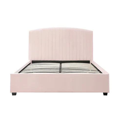 Camelia Queen Size Bed Frame Pink Velvet Upholstery High Headboard Quality Slats Metal Structure