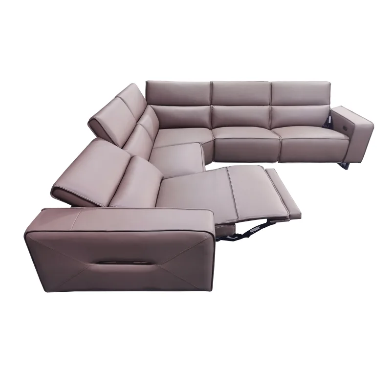 5 Seater Real Cow Leather Sofa with Power Recliner Adjustable Headrest Wooden Frame Corner Lounge