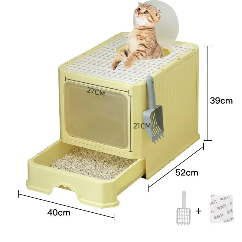 Top-Entry Cat Litter Box with Drawer-Enclosed Design, Easy Clean, Odor Control, Anti-Tracking Lid – Yellow