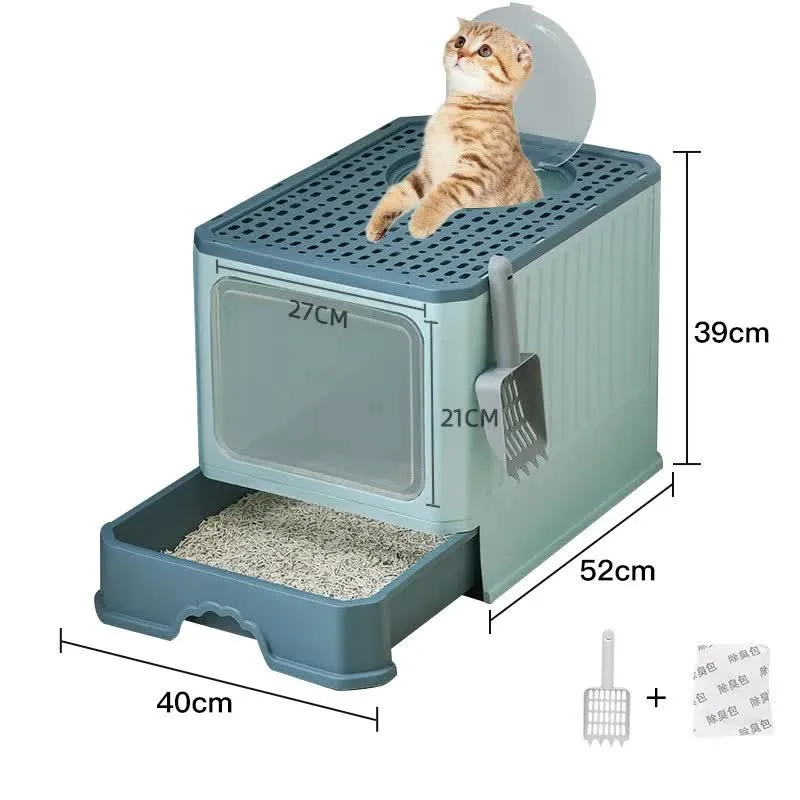 Top-Entry Cat Litter Box with Drawer-Enclosed Design, Easy Clean, Odor Control, Anti-Tracking Lid – Green