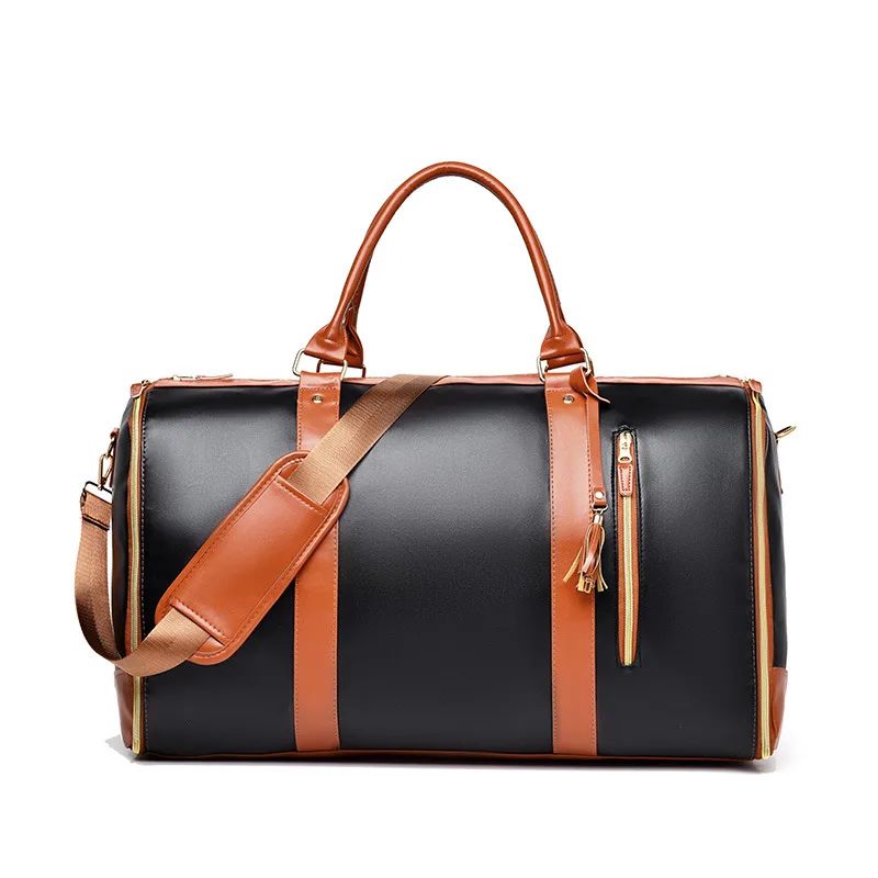 PU Leather Foldable Garment Bag, Women's Travel Duffel with Suit Carrier, Multi-Function Storage