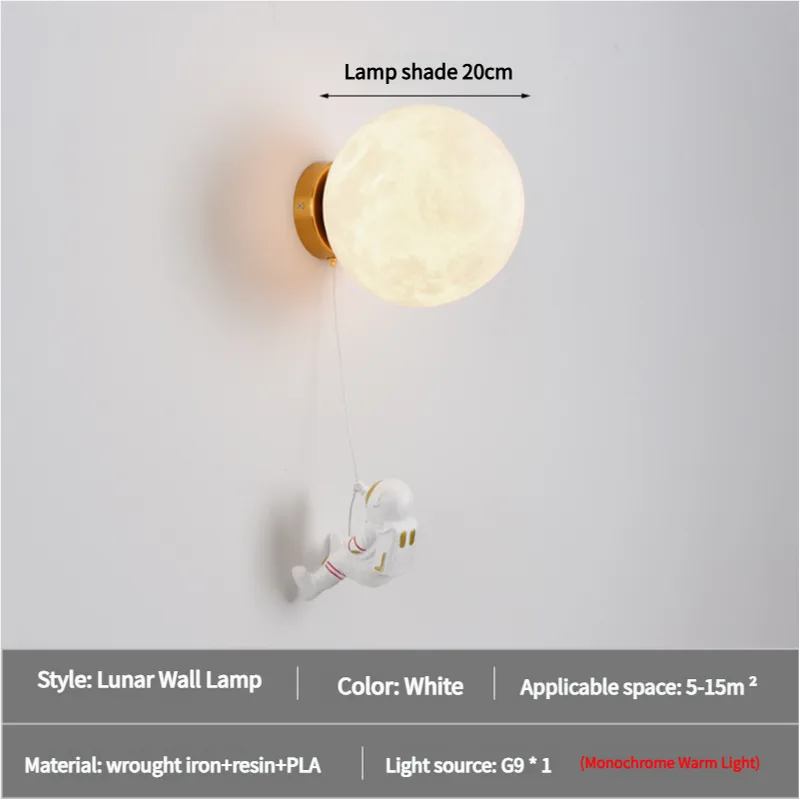 Astronaut Moon Wall Lamp with Warm Light,Diameter 20cm