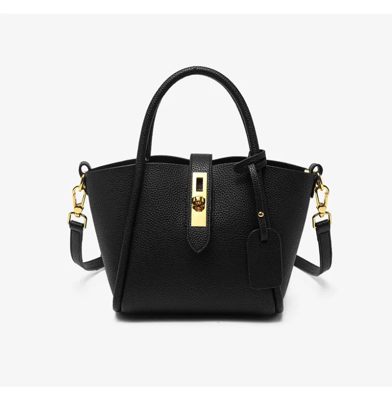 Genuine Leather Women’s Handbag – Stylish Bucket Bag with Top Handle and Crossbody Strap – Black