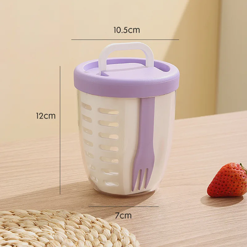 2 Pcs Portable Leakproof Fruit and Salad Storage Box with Draining Function, Sealed Fresh-Keeping Bento Lunch Box with Fork, AS+PP+Silicone Material – Purple