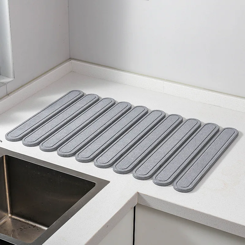 Oval Shaped Engraved Inner Frame Foldable Diatomaceous Earth Drying Mat – Super Absorbent, Fast-Drying, Non-Slip Kitchen Countertop Mat – Light Grey