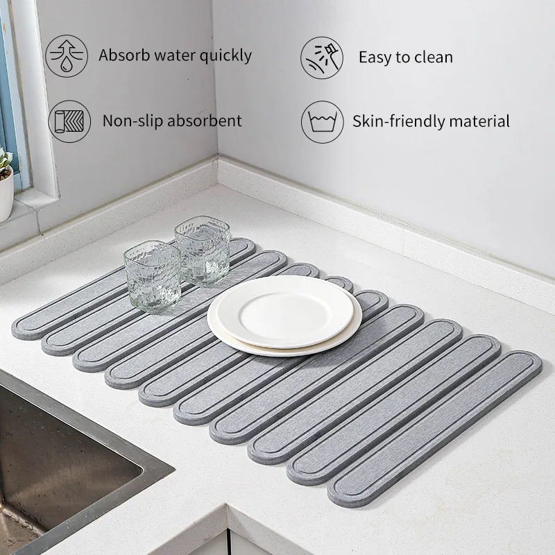 Oval Shaped Engraved Inner Frame Foldable Diatomaceous Earth Drying Mat – Super Absorbent, Fast-Drying, Non-Slip Kitchen Countertop Mat – Dark Grey
