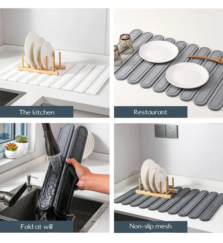 Oval Shaped Engraved Inner Frame Foldable Diatomaceous Earth Drying Mat – Super Absorbent, Fast-Drying, Non-Slip Kitchen Countertop Mat – Dark Grey