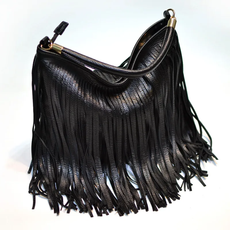 Chic Black Double Fringe Hobo Bag – Convertible Microfiber Leather Shoulder & Crossbody Purse