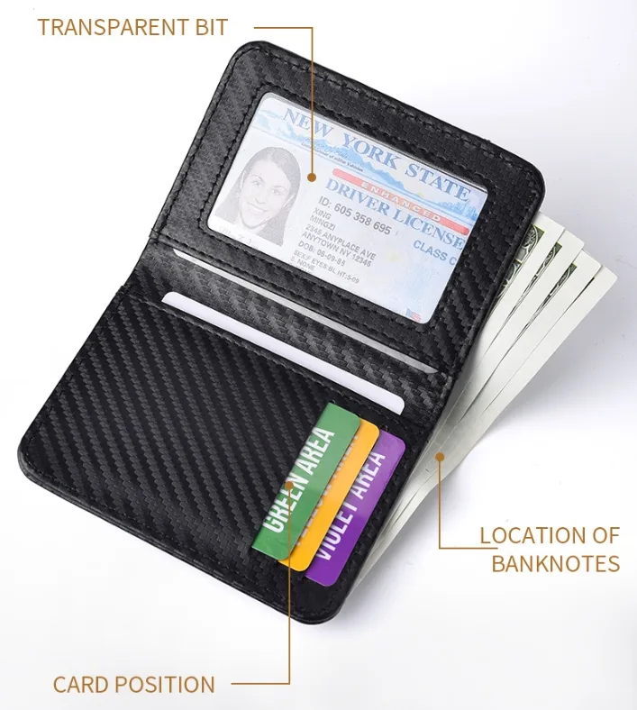 Sleek Carbon Fiber Vertical Wallet for Men – Slim Bifold Card Holder with Clear ID Window – Black