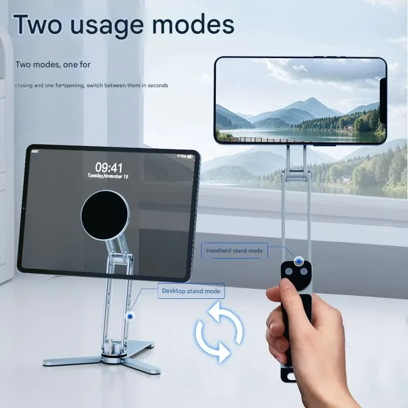 2-in-1 Magnetic Folding Stand for Phones & Tablets – Adjustable Aluminum Desktop & Handheld Holder(silver)