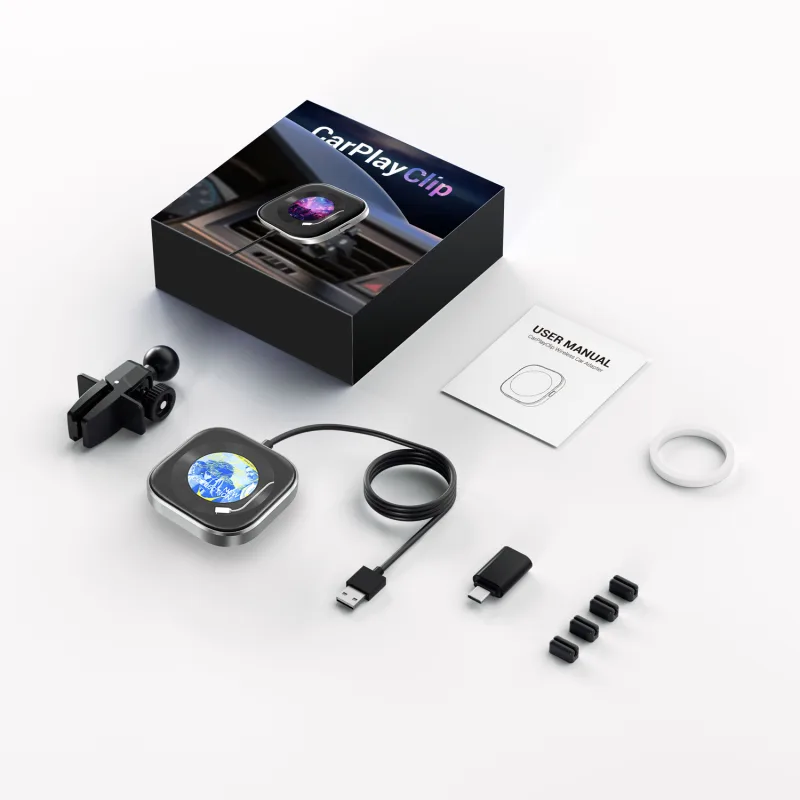 Wireless CarPlay Adapter with 1.6″ Multi-Functional Screen, Car Diffuser & 360 Vent Clip(silver)