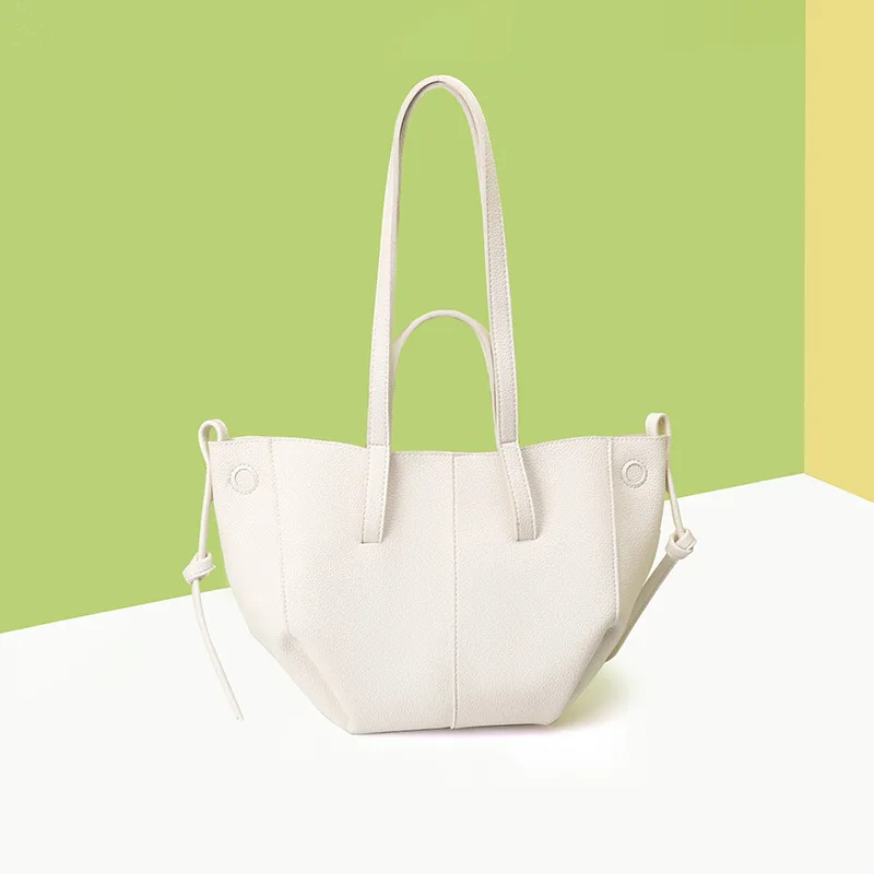 Chic Minimalist PU Leather Tote Bag – Women’s Versatile Shoulder Handbag with Contrast Stitching – White