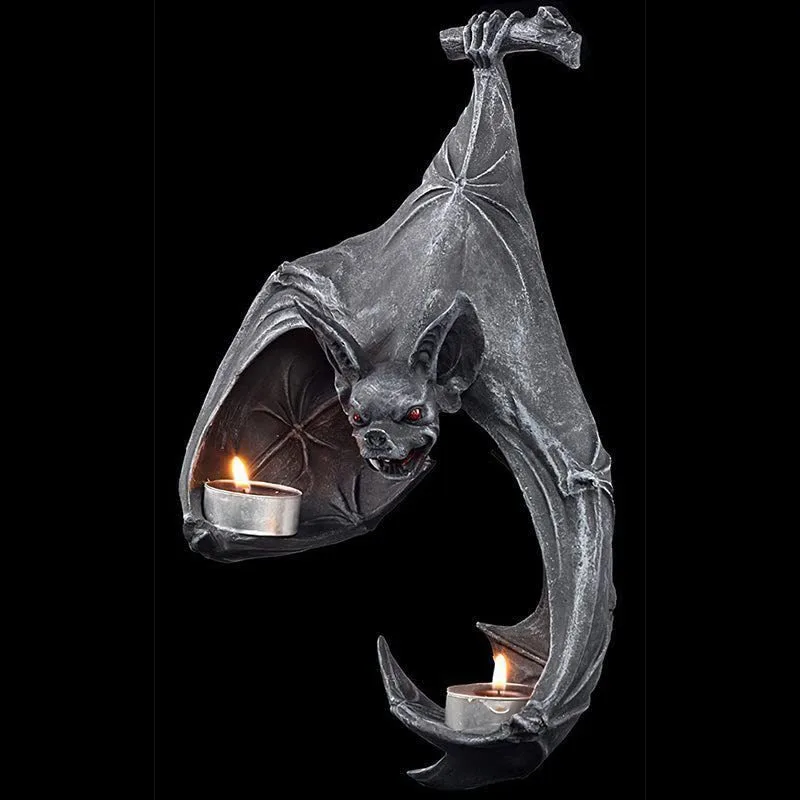 Gothic Bat Wall Tealight Holder - Resin Decor for Spooky Ambiance (16.5x12x22 cm)