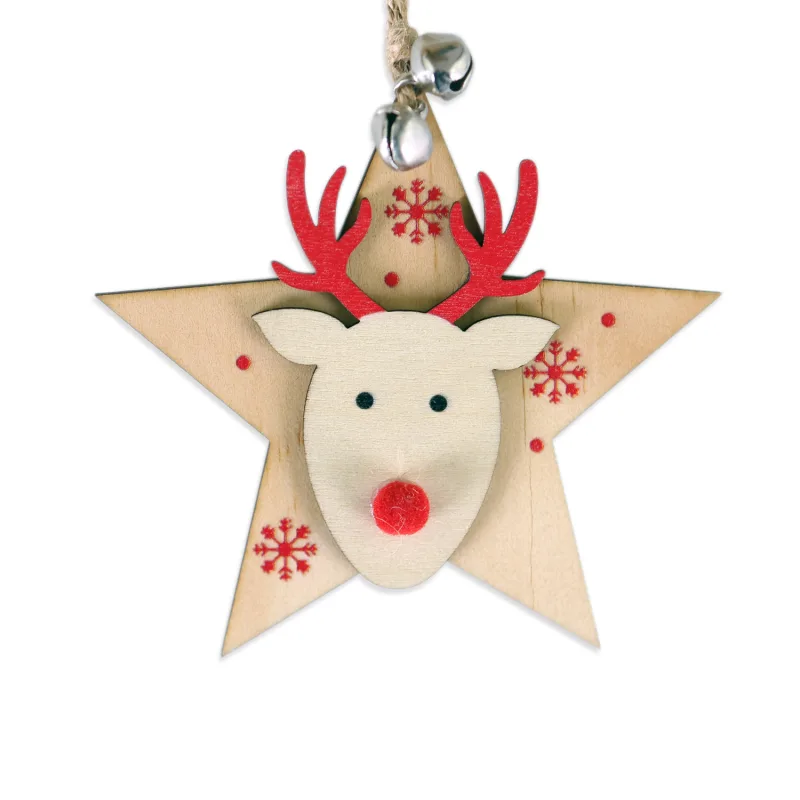 5 SET Rustic Wooden Christmas Hanging Ornaments with Bells – Santa, Reindeer, Tree & More (5 Designs)